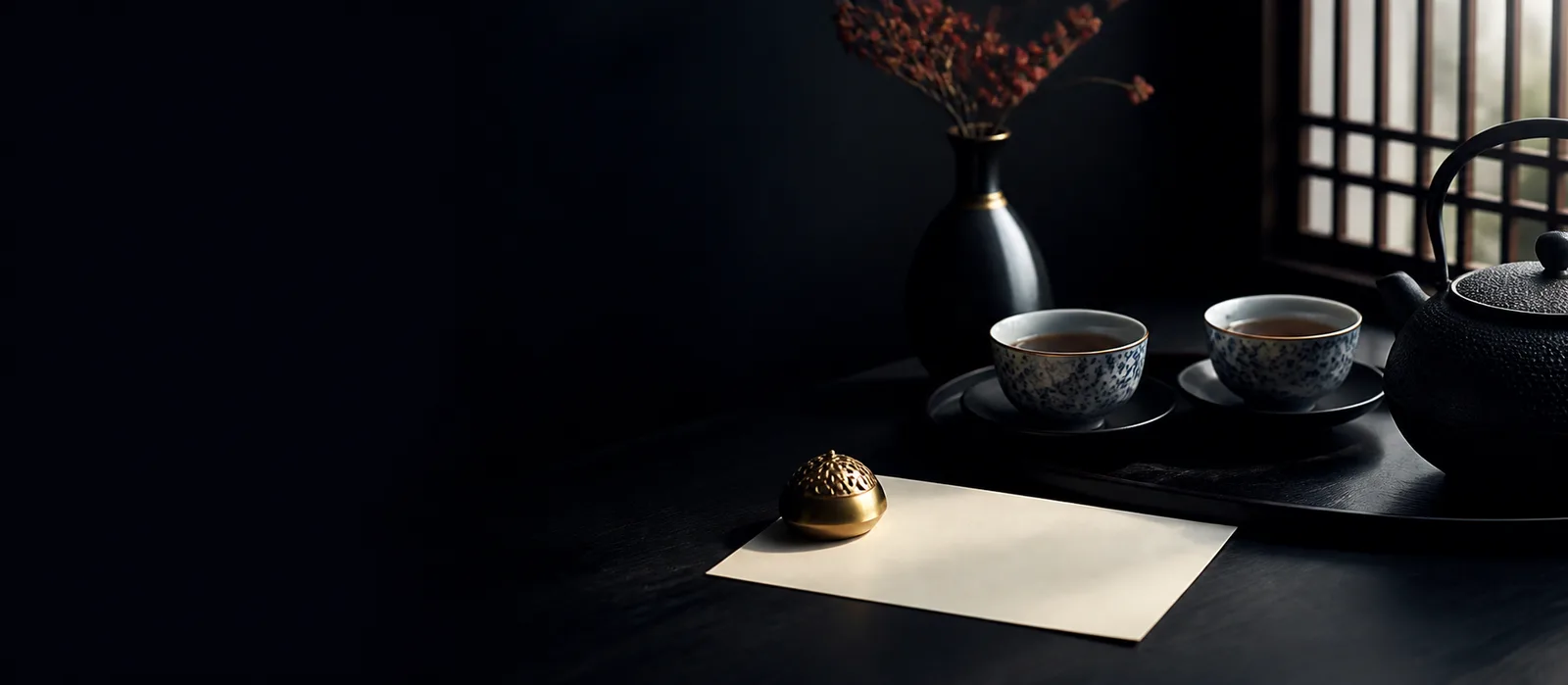 A private tea setting with a blank correspondence card