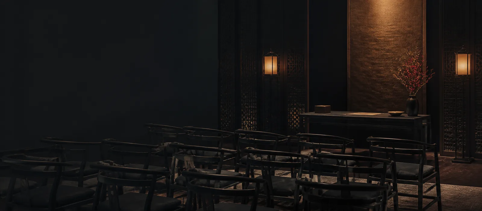 An empty intimate lecture salon prepared for a future gathering