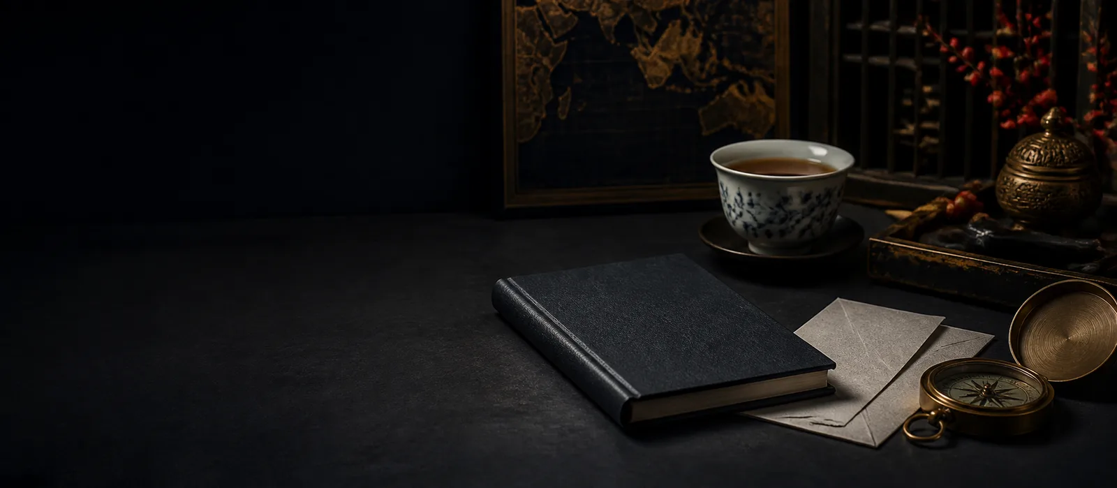 A private consultation table with notebook, tea and brass compass