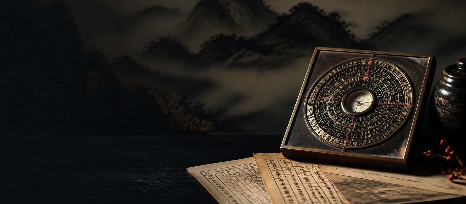 Luopan compass and study papers on a dark table