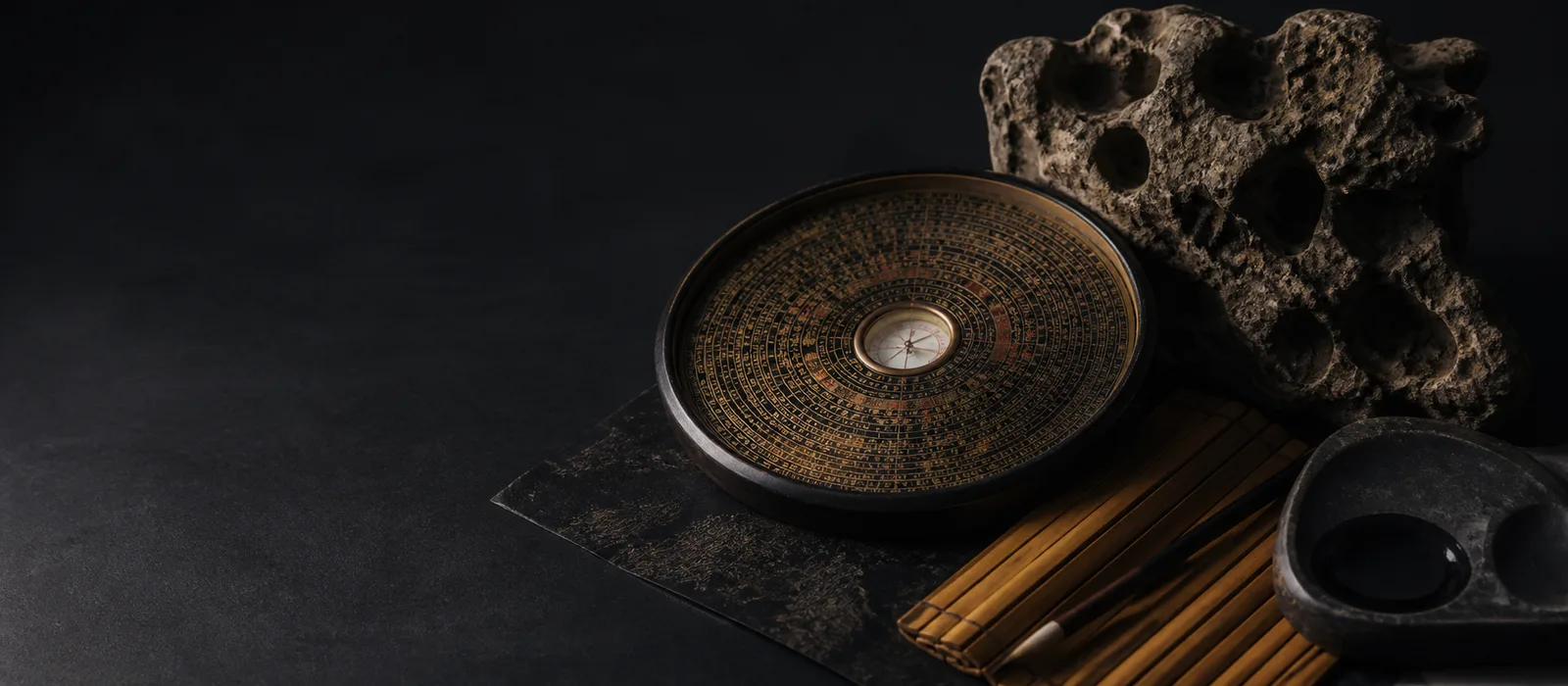 Luopan, bamboo slips, scholar rock and inkstone